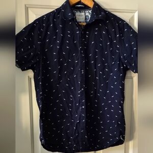 Men's Navy Button Down with White Seagulls and flower accent on sleeves